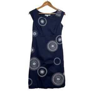Boden Dress Women 4R Navy Blue Embroidered Medallion Sheath Dress Career Retro